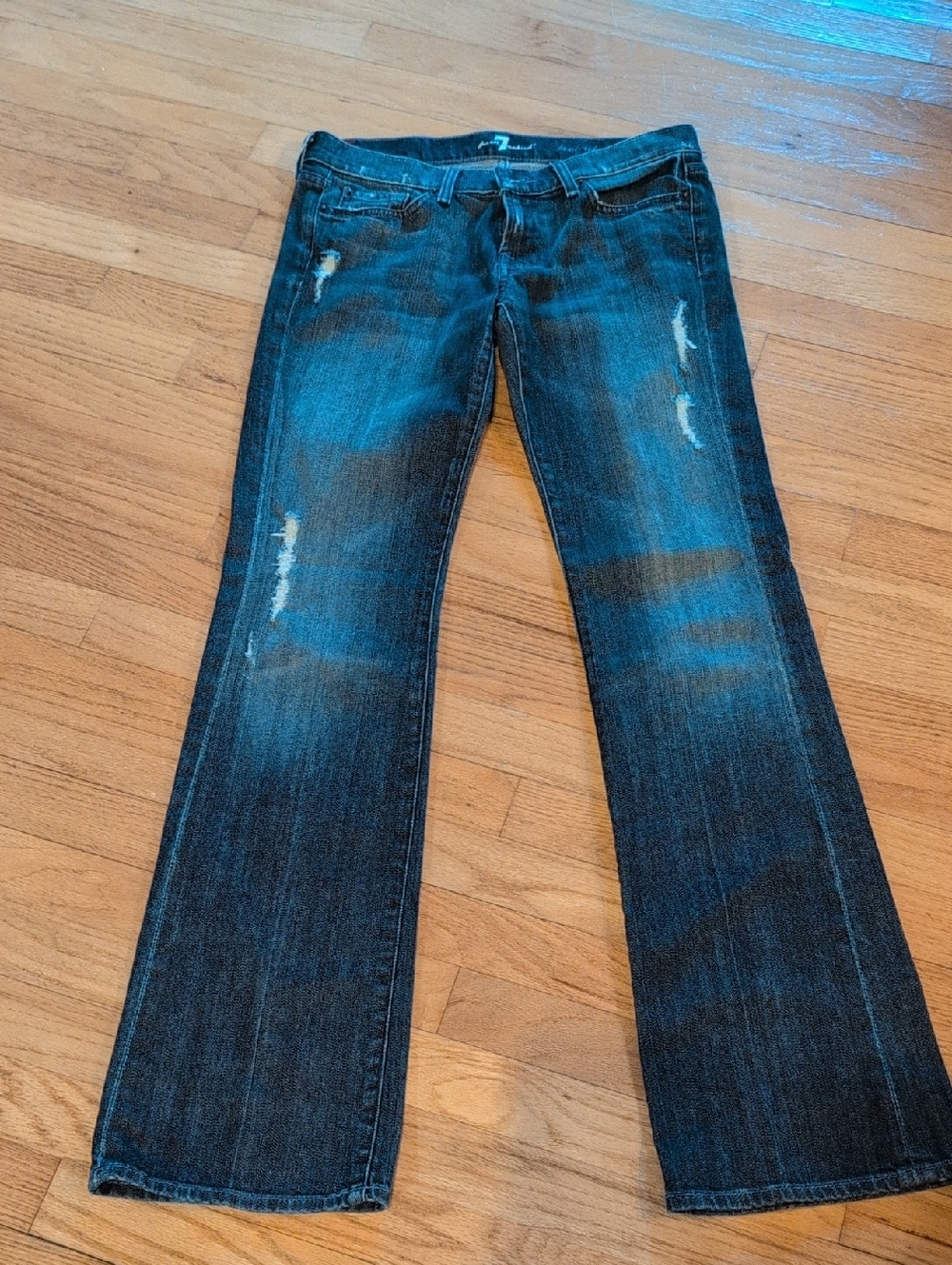 7 For All Mankind Dark Blue Flared Distressed Jeans